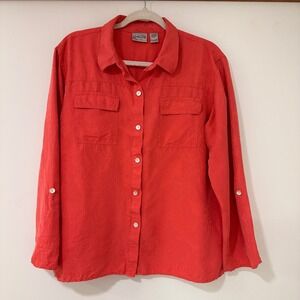 Chico's 100% Silk Jacquard Button Down Women Size 2 Coral Red Roll Tab | Coastal